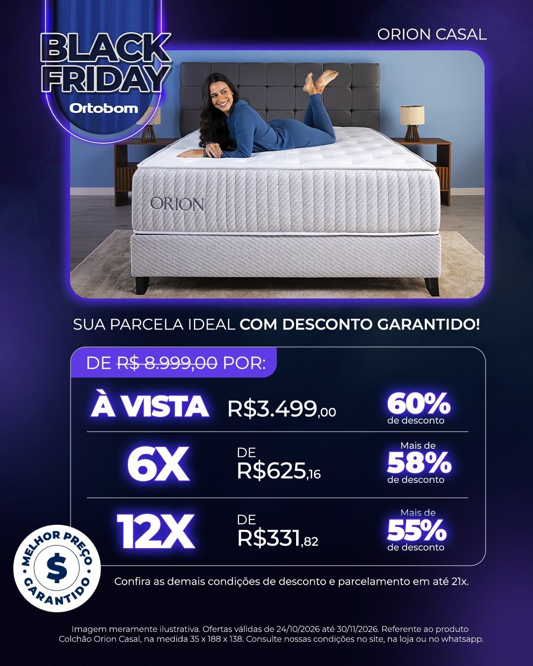 Arte Black Friday Ortobom — Colchão Orion Casal, com preços à vista, em 6x e 12x e validade de 24/10/2026 até 30/11/2026.