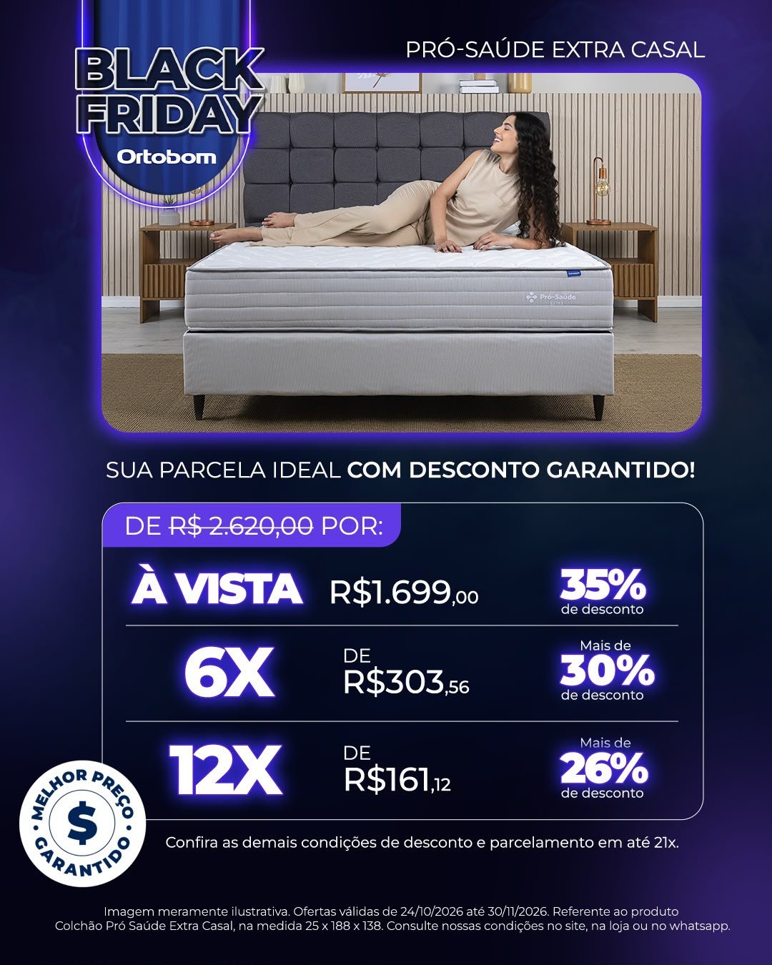Arte Black Friday Ortobom — Colchão Pró Saúde Extra Casal, com preços à vista, em 6x e 12x e validade de 24/10/2026 até 30/11/2026.